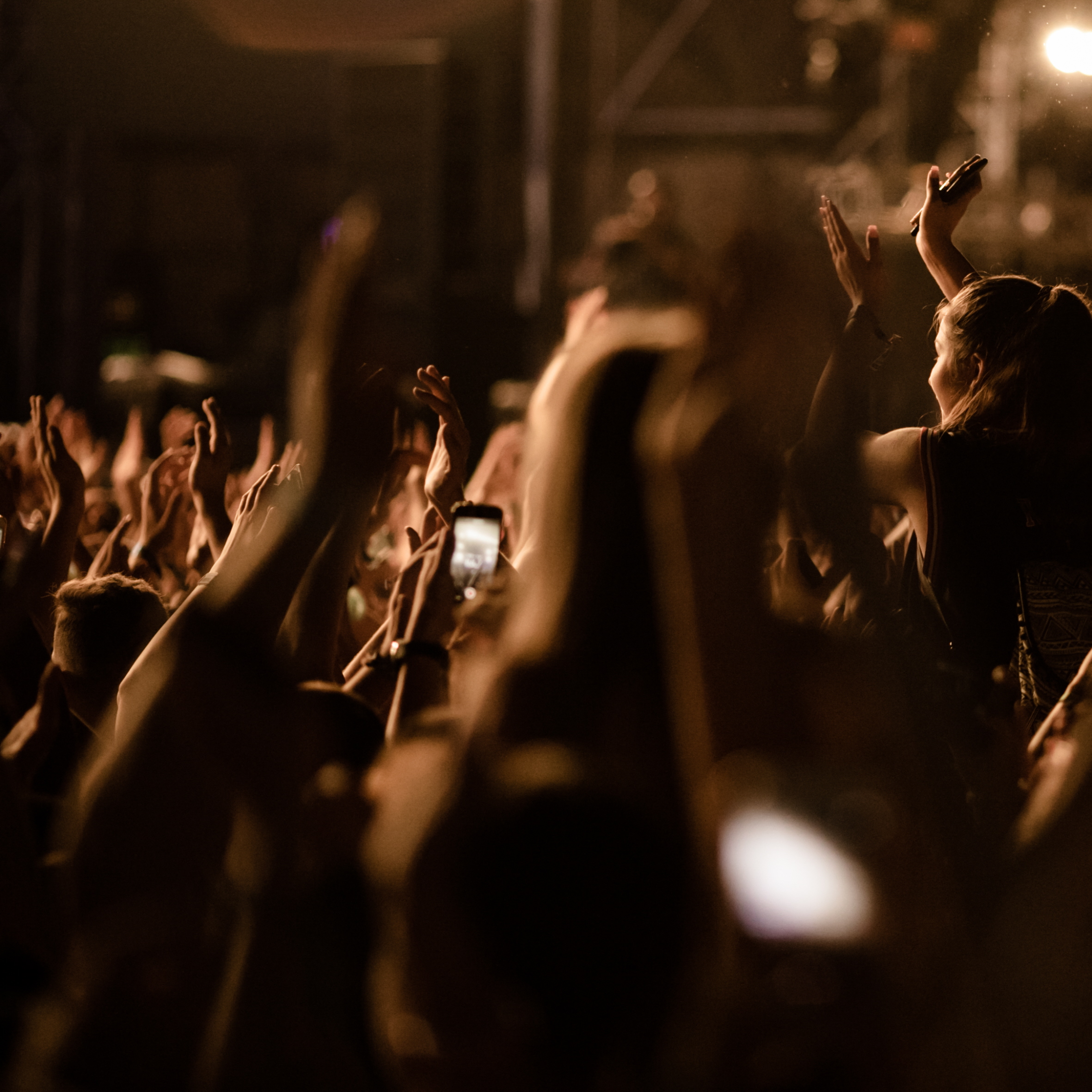 Large group of people cheering and having fun at music concert.